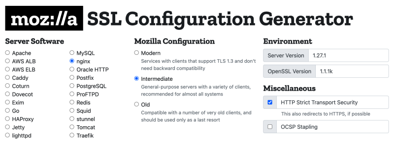 https://ssl-config.mozilla.org/ 설정화면